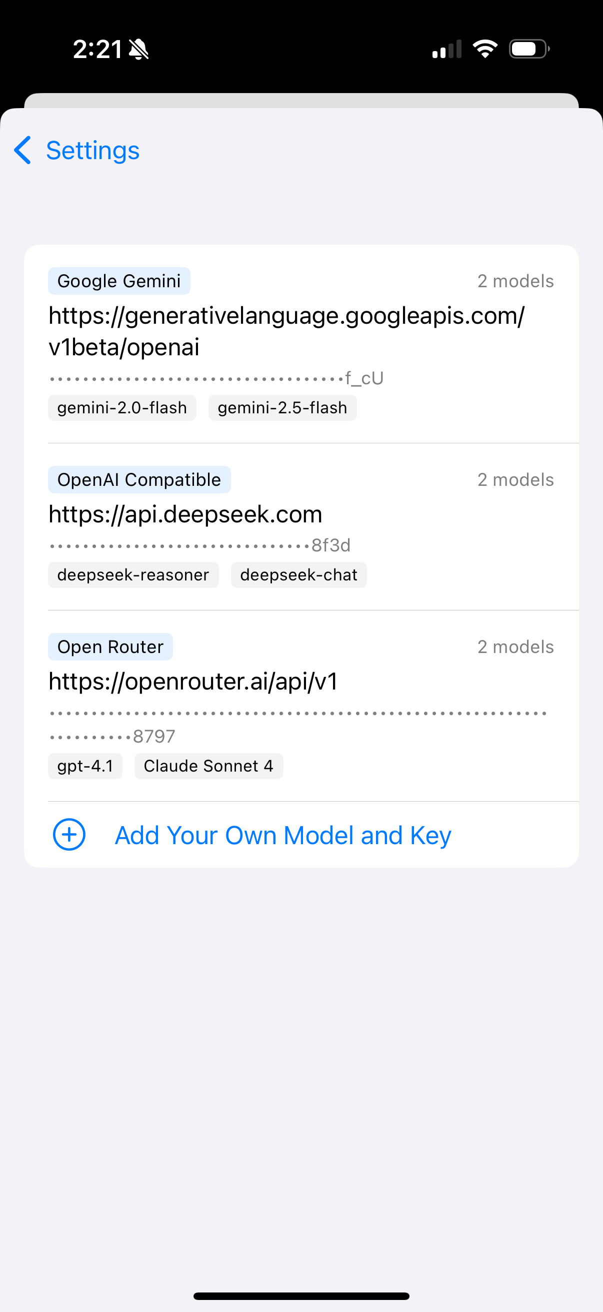 ReadDeep LLM configuration screen